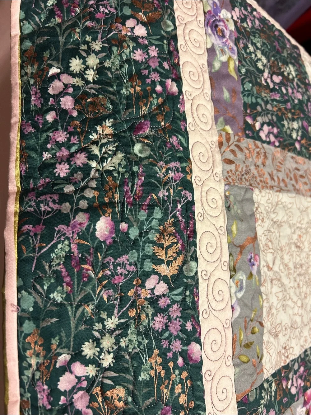 ONE OF A KIND - HANDCRAFTED Quilt in Shades of Purples, Green and Cream